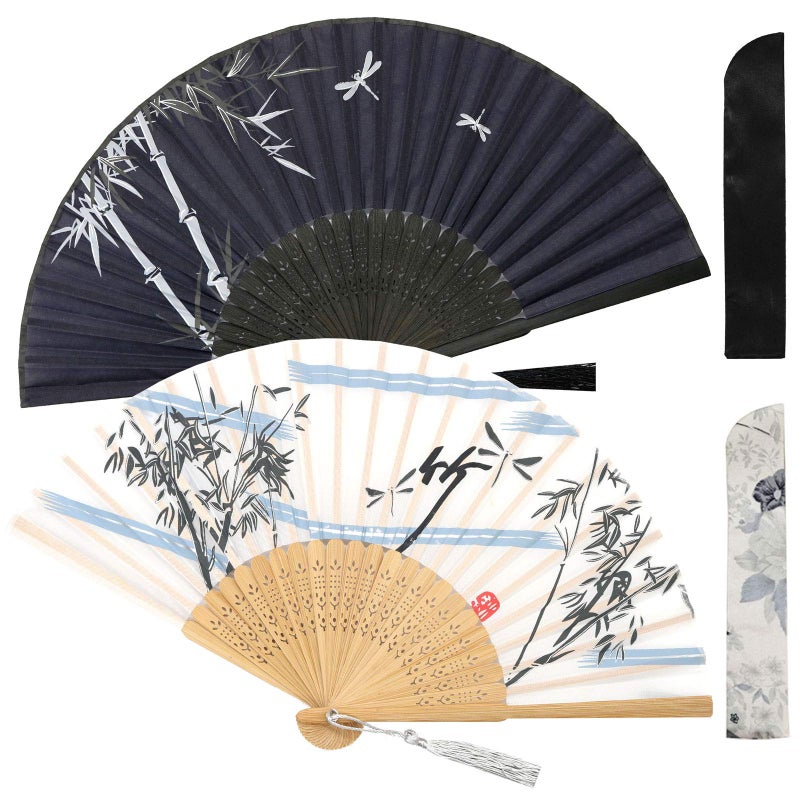 Zolee 2 Pieces Small Folding Hand Fans - Chinese Japanese Vintage Bamboo Silk Fans - for Dance, Performance, Decoration, Wedding, Partyï¼ŒGift (0301) - Image 1